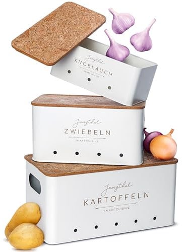 JUNGTHAL Kartoffel Aufbewahrungsbox | 3er Set | Aufbewahrung für Kartoffeln, Zwiebeln & Knoblauch | Zwiebeltopf, Kartoffelbox, Kartoffelkiste | Weiss