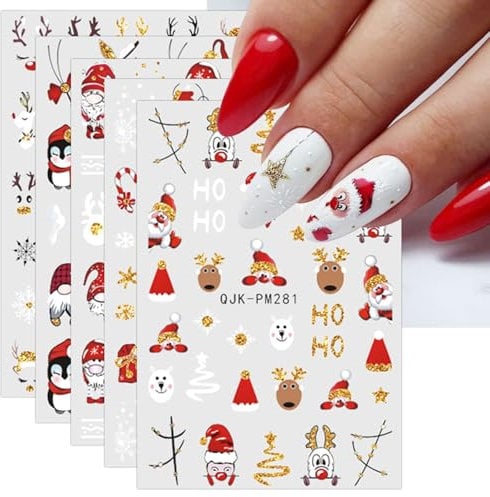 JMEOWIO 10 Sheets Christmas Nail Art Stickers Decals Self-Adhesive Glitter Snowflake Xmas Winter Holiday Gold Nail Supplies Nail Art Design Decoration Accessories