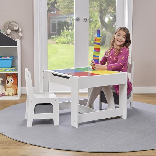 Liberty House Toys White Construction Top Table with Two Chairs | Built-in storage, Construction top, Dry-wipe tabletop, Fabric Bins included,