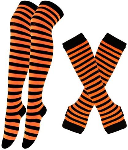 Whakano Lange Kniestrümpfe Armwärmer Set für Damen,Fingerlose Handschuhe Lange Strümpfe Herbst Winter,Armstulpen,Beinwärmer,Thigh High Socks,für Yoga,Laufen,Party,Festival,Streifen Orange Schwarz