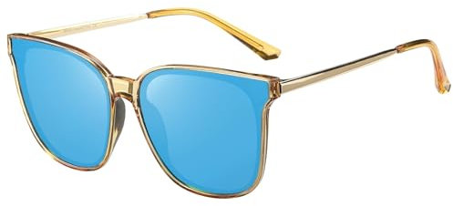 DUCO Sonnenbrille für Damen Polarisiert Sonnenbrille mit UV400 Schutz Vintage Klassisch Runde Metall Rahmen Leichtgewicht Übergroß Sonnenbrillen W016 (10- Gold Frame Blue Lens)
