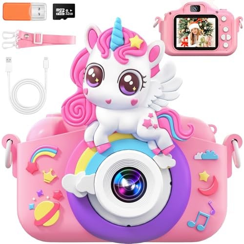Gontence Kinderkamera, Digitalkamera Kinder, 2.0 Bildschirm Kinder Kamera SD Karte 32GB | 1080p HD Videos, Spielzeug Kinderspielzeug ab 3 4 5 6 7 8 9 10 11 12 Jahre, Geschenk Mädchen Digital