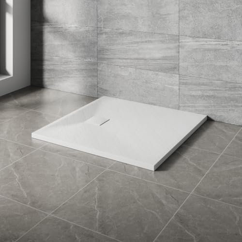 NRG 800x800mm White Square Shower Base Tray SMC Slate Effect Slip-Resistance Bathroom Shower Enclosure Tray