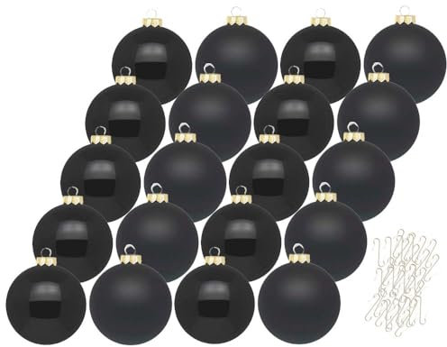 Inge Glas Weihnachtskugeln mit Haken | Schöne Christbaumkugeln aus Glas | Set 20 Kugeln und 40 Aufhänger | Christbaumschmuck Weihnachtsbaumkugeln (Ebony Black | schwarz)