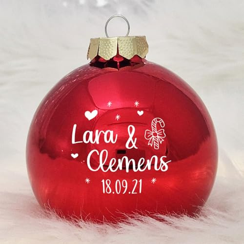 Personalisierte Weihnachtskugel aus Echtglas, 8 cm mit Deinem Namen & Wunschmotiv (01_Rot, Zuckerstange)