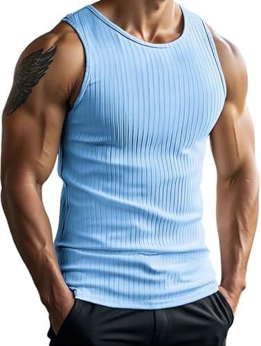 Weardear Herren Workout Tank Tops Gerippte Unterhemd Sleeveless Laufshirt Running Muskelshirt Schnelltrocknendes Bodybuilding Achselshirt für Männer Sommer Hellblau XL