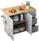 DRIXNO Mobiler Küchentisch, Arbeitsplatte aus Eichenholz, Klappbares Design, Multifunktionaler Schrank, 3 Schubladen, Handtuchhalter, Grau Geeignet für Küche, Esszimmer, Haus