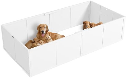 PawHut Wurfkiste für Welpen, rutschfest Welpen-Wurfbox, Welpenlaufstall mit verstellbar Tür, Hundelaufstall, Welpenauslauf für kleine bis große Hunde, 196x96x48 cm, Weiß