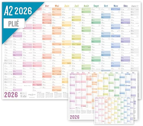 Calendrier mural 2026 A2 en français (59 x 42 cm) plié pour 14 mois déc 2025 - jan 2027 - avec jours fériés de la France + extra A3 & A4 - durable & respectueux au climat
