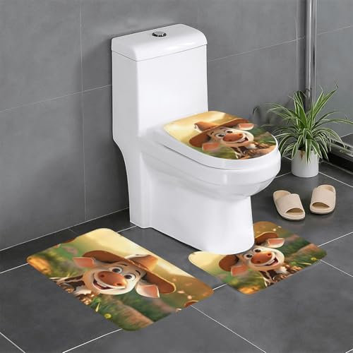 Juego de 3 alfombrillas de baño con forma de vaca lechera de dibujos animados, alfombra de piso y cubierta de inodoro