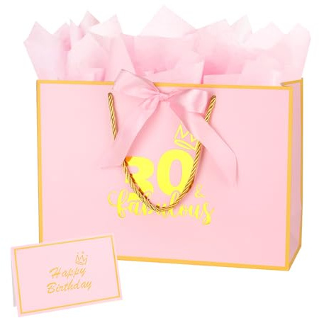 Geschenktüte zum 30. Geburtstag mit Geschenkkarte und Seidenpapier für Frauen und Mädchen, 32 cm, Rosa