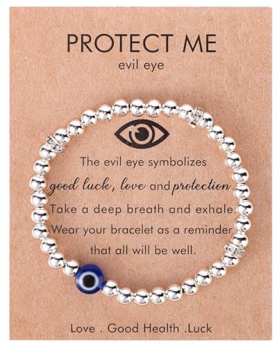 Böser Blick Armband für Damen, Trendy Perlenarmband mit Bösem Blick Anhängern Zierlich Glücksbringer für Freunde Mama Geburtstag Ruhestand (Silber)