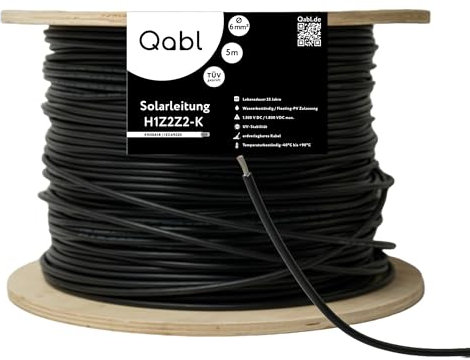 Qabl Solar Cable 6 mm² 50 m Black - Solar Cable H1Z2Z2 - TÜV Tested - UV Resistant, Flexible, PV Cable, Photovoltaic Cable, Solar Connection Cable for Solar Panel