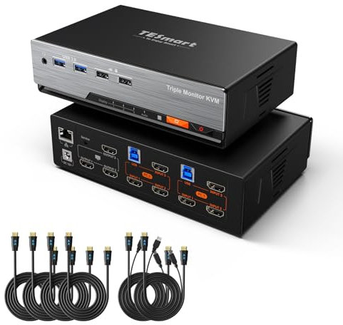 TESmart KVM Switch HKS203Prime, 4K@60Hz HDMI USB 3.0 2 PC 3 Monitor KVM Umschalter Triple Monitor 3 Port HDMI, Unterstützung EDID, 1G Ethernet, Hotkey Switch, Audio Mikrofon für Gaming & Home Office