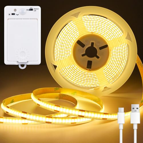 StarryEver 2M 640LED Streifen mit Bewegungsmelder Innen Batterie, 2700K Warmweiß Wiederaufladbarer LED Band Selbstklebend mit 2-Modi für Kleiderschränke, Treppen, Kinderzimmer, Betten
