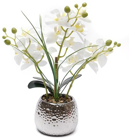 WAPHOERTE Orquídea Phalaenopsis artificial blanca artificial, objeto decorativo de orquídeas en maceta, flores decorativas de alta realista, para decoración de mesa y alféizar de ventana, altura 39 cm