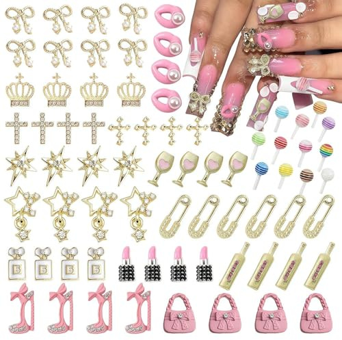 76 Count Creative Mix 3D Nail Decorations, Multi-Themed Gold, Pink & Pearl Nail Charms, DIY Nail Art Kit with Bows, Crowns, Stars, Unique Accessories for Gel & Acrylic Manicures, Versatile Supply