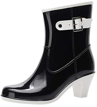 LOIJMK Bottes en caoutchouc pour femme avec talon - Bottes de pluie mi-hautes - Bottes de travail imperméables - Bottines de jardin - Bottes de pêche, Noir , 37/M
