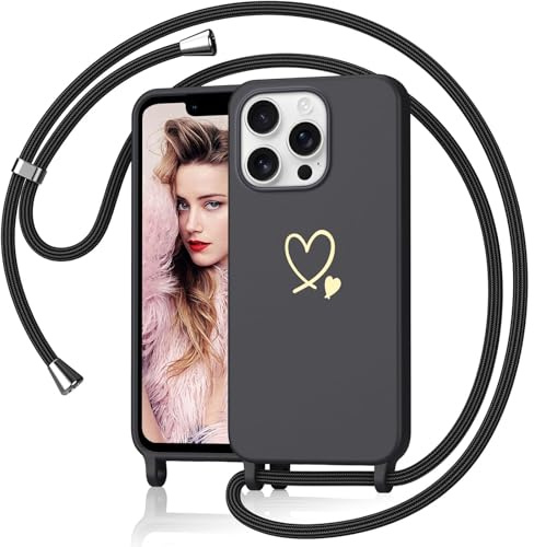 Yichxu Handyband für iPhone 13 Pro Hülle mit Band, Herz Design Necklace Handyhülle zum Umhängen Kordel, Stoßfest Schutzhülle mit Kette, Weich TPU Liquid Silikon Case für iPhone 13 Pro, Schwarz