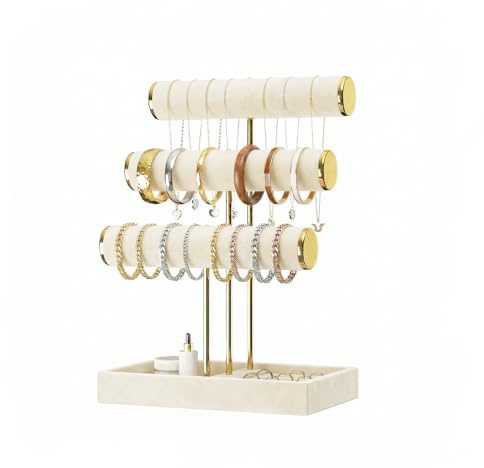 Coward 3-Ebenen-Armband-Halsketten-Halter, T-Bar Samt-Armband-Halsketten-Display, Schmuck-Organizer-Ständer für Halsketten, Armreifen, Uhren, Ohrringe, Ringe (Beige)