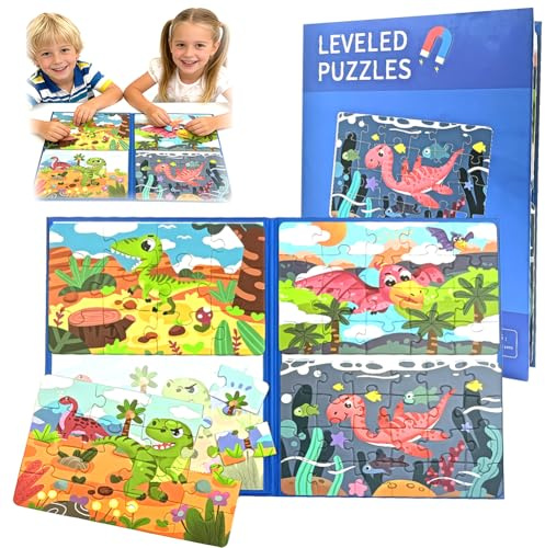 Dinosaur Magnetic Puzzle,Magnetic Puzzles for Children,72 Pieces 4-in-1 Dinosaur Wooden Jigsaw Puzzles Book,Montessori Educational Toy for Children 2-5 Year Olds