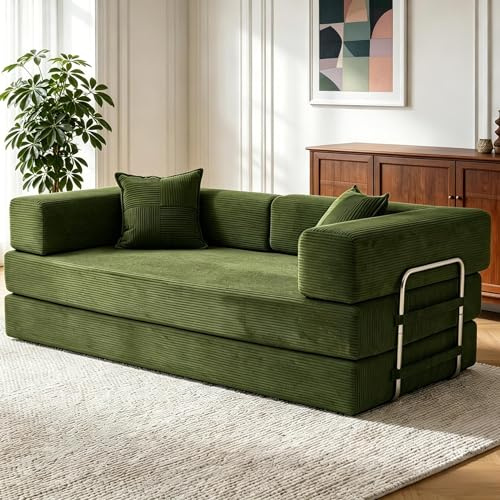 Vipbear 200cm Hochwertiges Sofa, aus Langlebig Cord mit Hochdichter Schaumstoff, 5-in-1 Umwandelbares Vielseitig ohne Knochen 3-Sitzer Sofa mit Schlaffunktion für Schlafzimmer, Grün