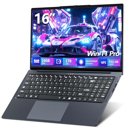 Notebook 16 Pollici, Core i5-8210Y CPU, Win 11 PC Portatile 16GB RAM 1TB SSD, Laptop Tastiera Retroilluminata, 1920*1080 IPS Full HD Schermo, (Mini-HDMI+USB3.0+Type-C+Webcan+WIFI5+5800Mah Battery)