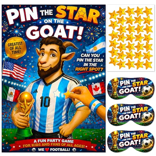 Pin the Star on the Goat World Cup Party Game - A1 Football Party Poster with 34 Gold Star Stickers, 3 Elasticated Blindfolds & Argentinien Style Goat Footballer - Decorations Supplies