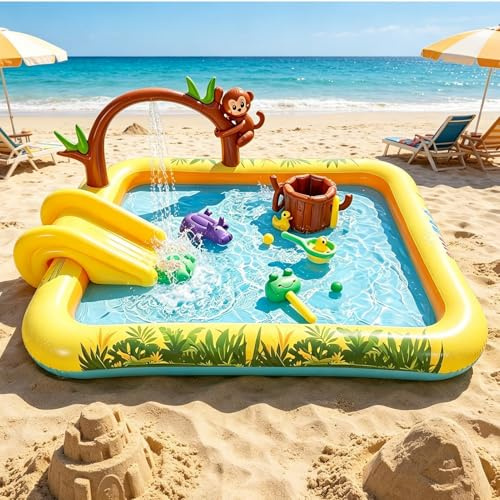 Inflatable Jungle Spray Animal Paddling Pool With Slide, 214x167x85cm Oval Shallow Kids Pool, Outdoor Summer Water Play Center For Backyard Garden