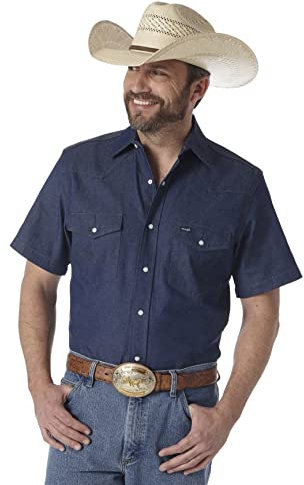 Wrangler Men's Cowboy Cut Western Two Pocket Short Sleeve Snap Work Shirt Shirt, Blue, 2X