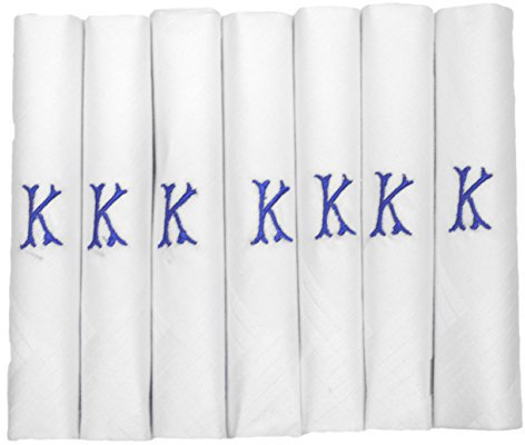 DUDU N GIRLIE Herren-Taschentücher mit Satinrand und blauen Initialen, Größe K, Weiß