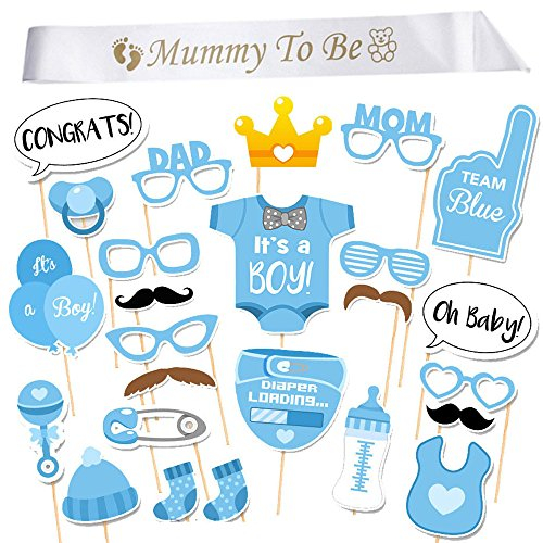 InnoBase Babydusche Baby Junge Deko partydekoration Set Mummy to Be Satin Schärpe Babyparty Baby Shower Masken Foto Booth Props Fotorequisiten Neugeborene (Boy)