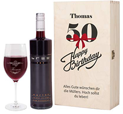 Herz & Heim® Bree Wein-Präsent zum 50. Geburtstag mit graviertem Weinglas und Bree Wein zur Auswahl in Geschenkkiste Rot
