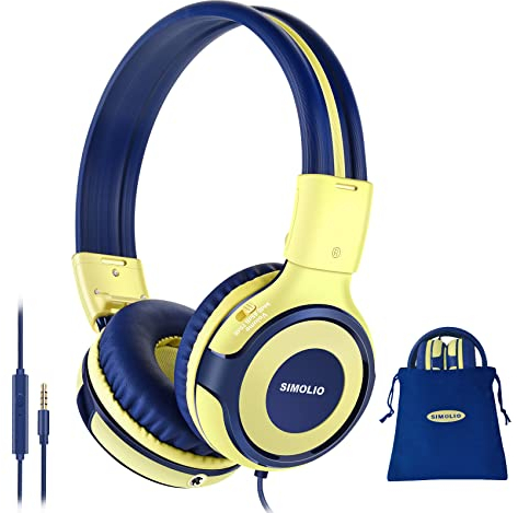 SIMOLIO Headphones for Kids with Microphone, Share Port, 75/85/94dB Volume Limited, Wired Stereo Kids Earphones Boys, Girls with AUX Jack, Durable Headphones for Toddler, Children,Teens (Yellow)