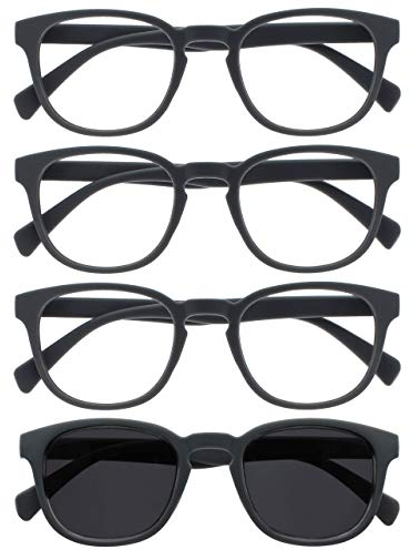 OPULIZE POP Lesebrille für Damen und Herren mit Lesesonnenbrille - 4er Pack - Lustige Runde Brille Matt - Getönte Gläser mit UV400 - Federscharniere - Grau Grau Sonnenbrille +2.50