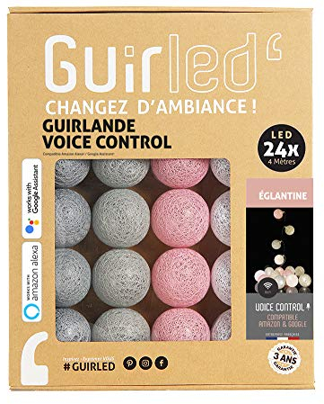GuirLED - LED Baumwollkugeln Lichterkette USB - Sprachsteuerung - Connected Home - Amazon Alexa & Google Assistant - 2xUSB-Netzadapter enthalten - 24 Kugeln 2,4m - Églantine