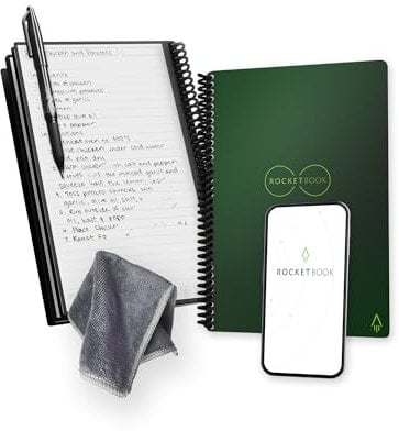 Rocketbook Reusable Digital Notebook - Smart Notepad A5 Green - Spiral Note Book To Do List Pad, Lined Paper with Frixion Erasable Pen and Wipe, Office Gadget with Rocketbook App, Reduce Paper Waste