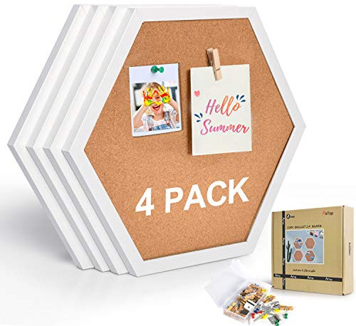 AkTop Cork Bulletin Board Hexagon 4 Pack, Small Framed Corkboard Tiles for Wall, Thick Decorative Display Boards for Home Office Decor, School Message Board with 16 Push Pin Wood Clips, White