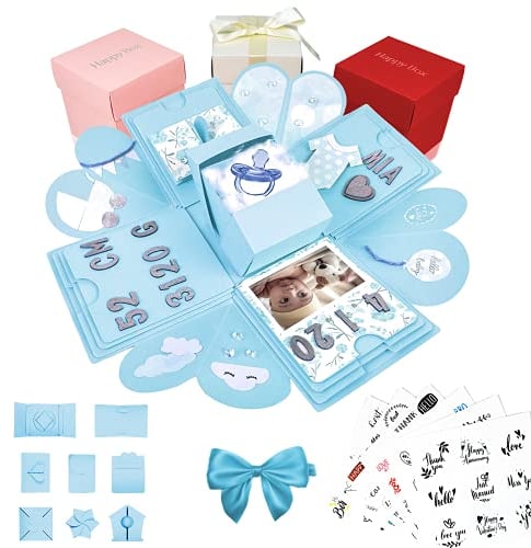 HAPPY BOX ® – Überraschungsbox – hochwertiges Papier & Verarbeitung – Explosionsbox mit modernen Stickern und Stift – DIY Box – Explosionsbox Hochzeit inkl. Anleitung (Baby-Blau)