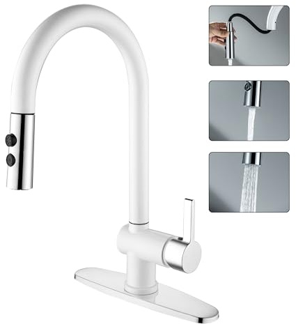 Robinet d'évier de cuisine double fonction avec douchette extractible, arc, pivotant à 360°, robinet mitigeur d'eau en blanc mat/finition chromée ASKW01U