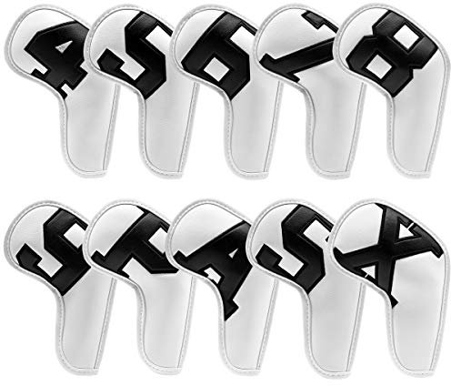 Barudan Golf Iron Club Head Covers set Headcovers for Callaway Ping S5 - Big Colorful Number - Long Neck - Black Pu Leather fits Small Standard Oversized Golf Clubs 10pcs/Pack (White+Black Number)