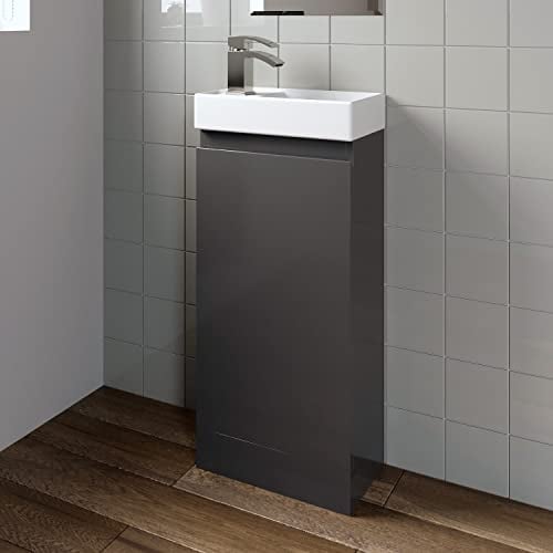 Artis 400mm Bathroom Vanity Unit With Wash Basin Ceramic Sink, Single Door, Cloakroom Storage Furniture Under Basin Cabinet, Floorstanding Cabinets, Grey Gloss