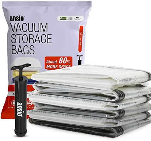 ANSIO® Vacuum Storage Bags for Clothes Medium Pack of 6 Double-Zip Seal & Triple Seal Turbo Valve Vacuum Bags for Pillows, Bedding Sets etc., 80% More Storage Travel Pump Included (Size: 60 x 80cm)