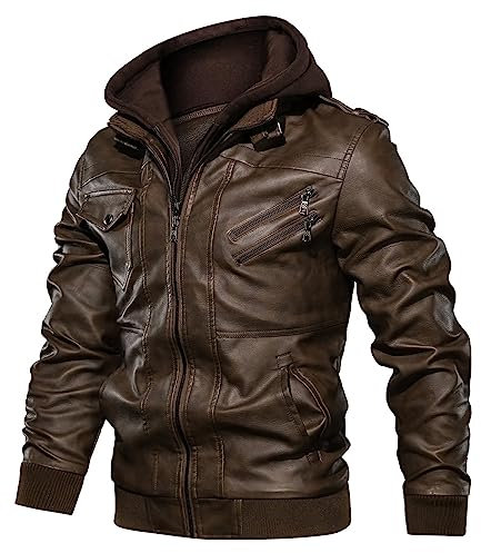 Uusollecy Lederjacke Herren, Kunstlederjacke Mit Abnehmbare Kapuze Braun XXL