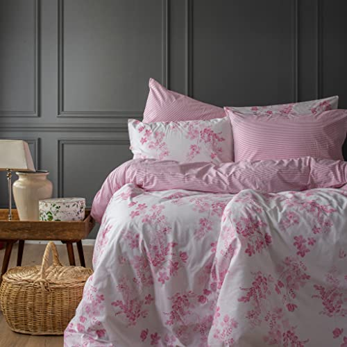 LERUUM Parure Housse De Couette 200x200 Coton Réversible Été Motif Fleurie & Rayures Rose pour Ado Fille Adulte 2 Personnes (Rose 200x200+2(65x65)