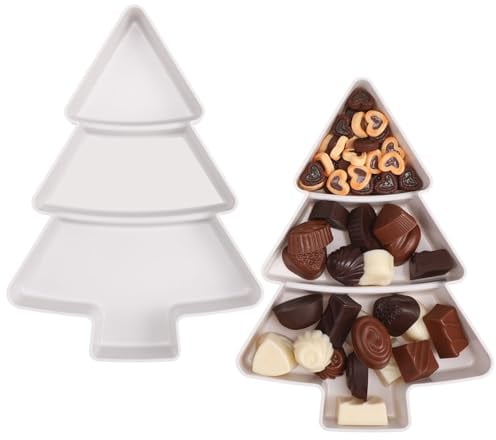 Angoily Lot de 2 assiettes plates en forme de sapin de Noël, assiettes en plastique à 3 compartiments pour fête de Noël (blanc)