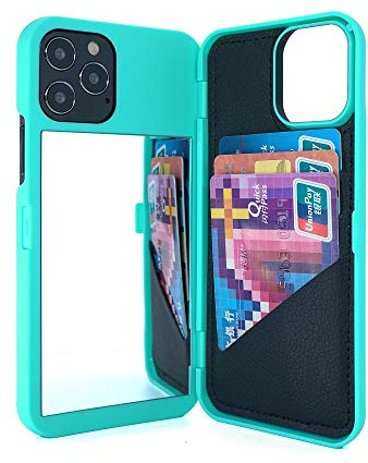 W7ETBEN iPhone 13 Pro Wallet Case, iPhone 13 Pro Case with Kickstand Built-in Mirror Shockproof Card Holder Cover for Apple iPhone 13 Pro 6.1 Inch (Teal)