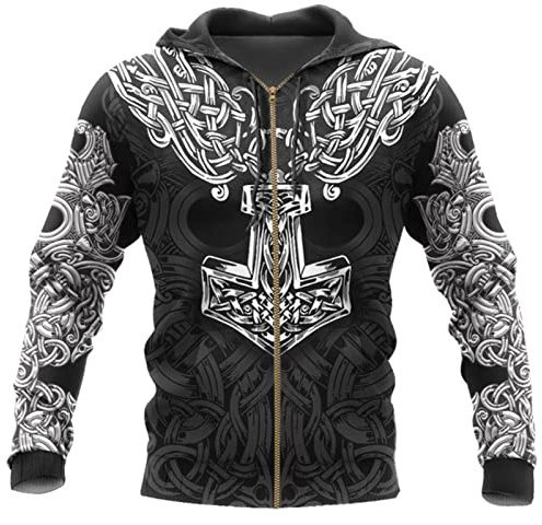 kewing Herren Viking Zip Hoodie Nordische Mythologie Viking Tattoos Printed Sweatshirt Unisex Zip Pullover Lässige Strickjacke mit Taschen
