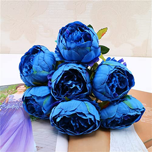 ABCWARRT Soie Artificielle Pivoine Bouquet Fleurs Décoration 7 Têtes Rose Bleu Rouge Blanc Artificielle Faux Pivoines Fleurs Décor À La Maison (Bleu)