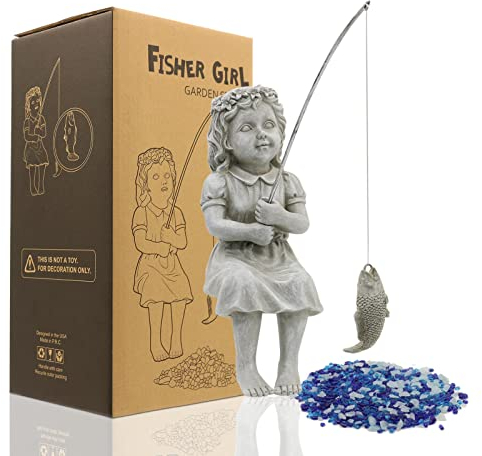 Yeomoo Angeln Deko Gartenfiguren für Draußen, Lustig Fischer Figur Gartendeko für Wohnzimmer Teich Balkon Geschenke für Frauen Männer Mama Geburtstag Wasserdicht Feengarten Grau 28CM
